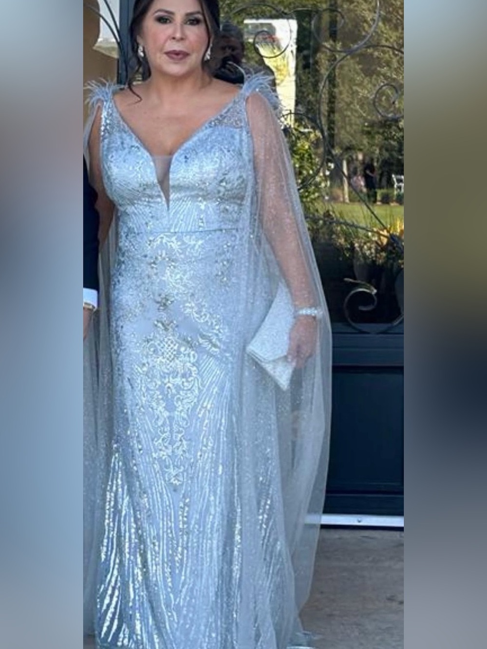 Embellished Silver Maxi Dress with Sheer Cape